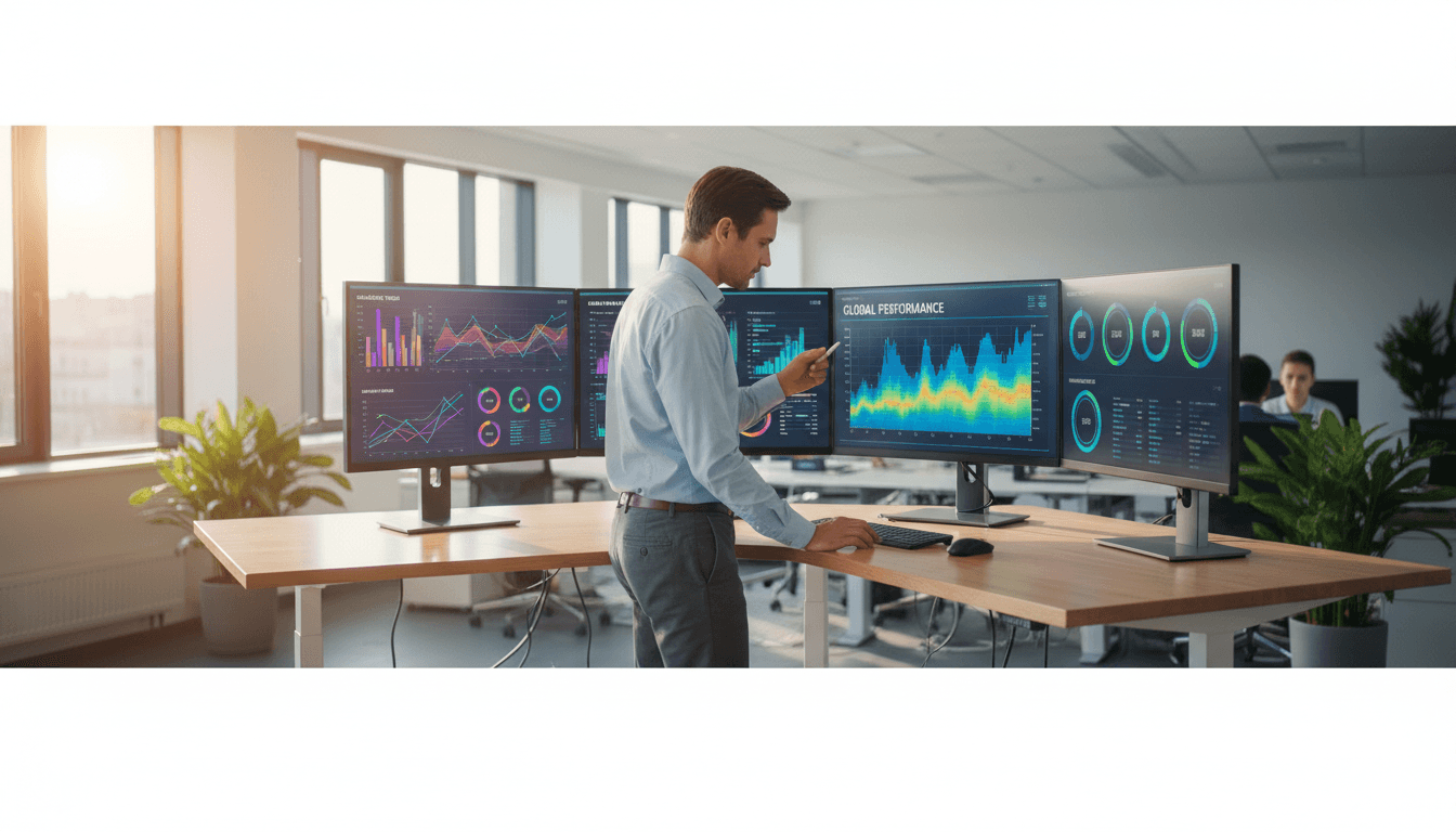 Data analyst reviewing performance metrics on multiple monitors