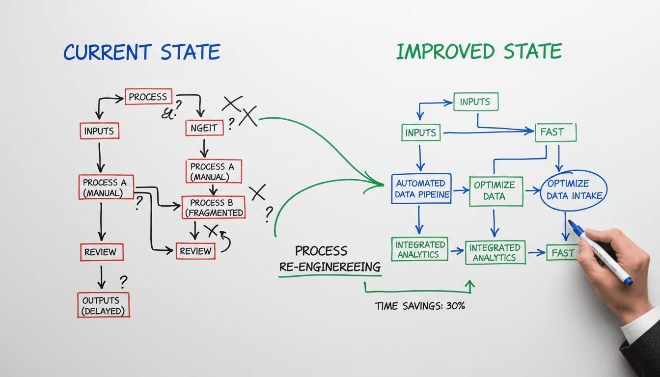 Workflow optimization diagram on consultant's whiteboard