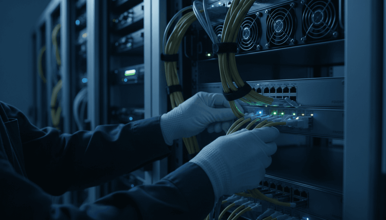 Systems integration technician connecting network infrastructure