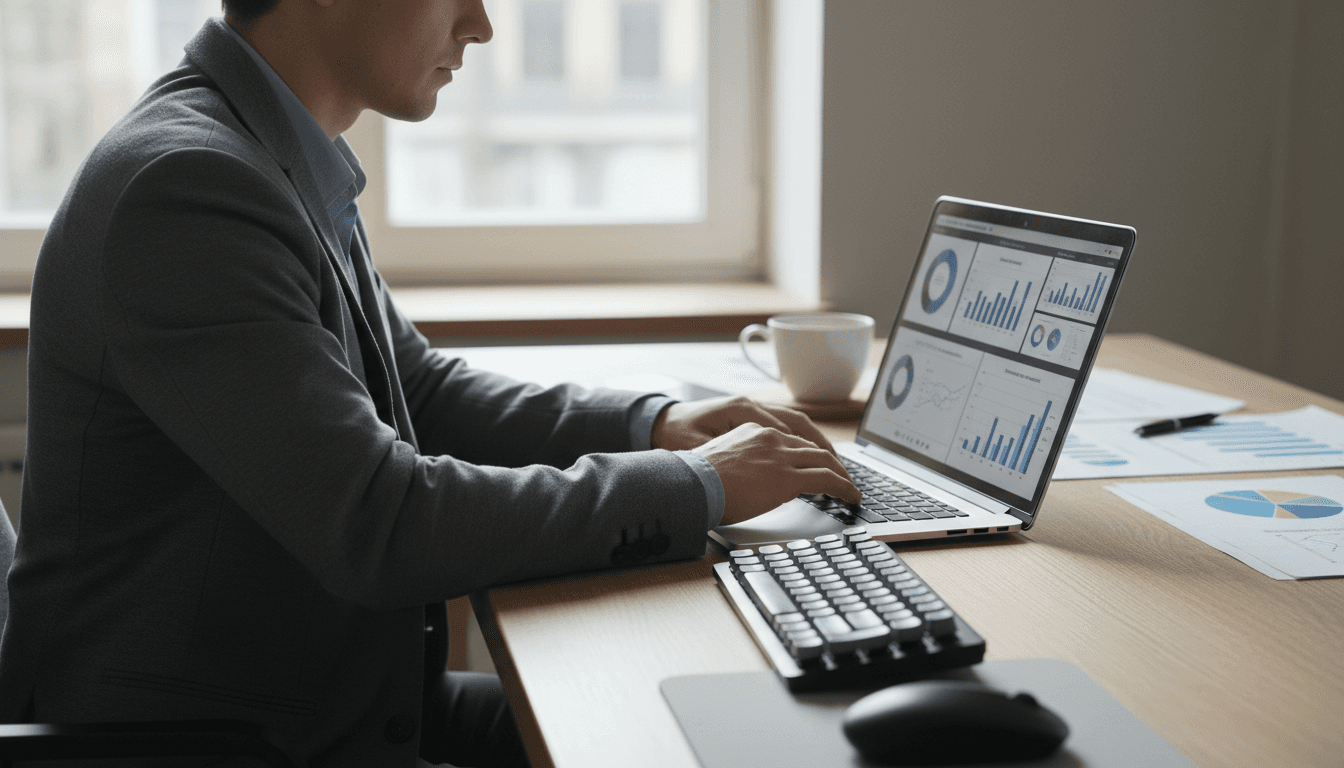 Business consultant analyzing data and strategy on a laptop