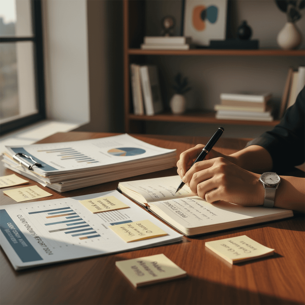 Consultant reviewing business documents with genuine engagement at a wooden desk